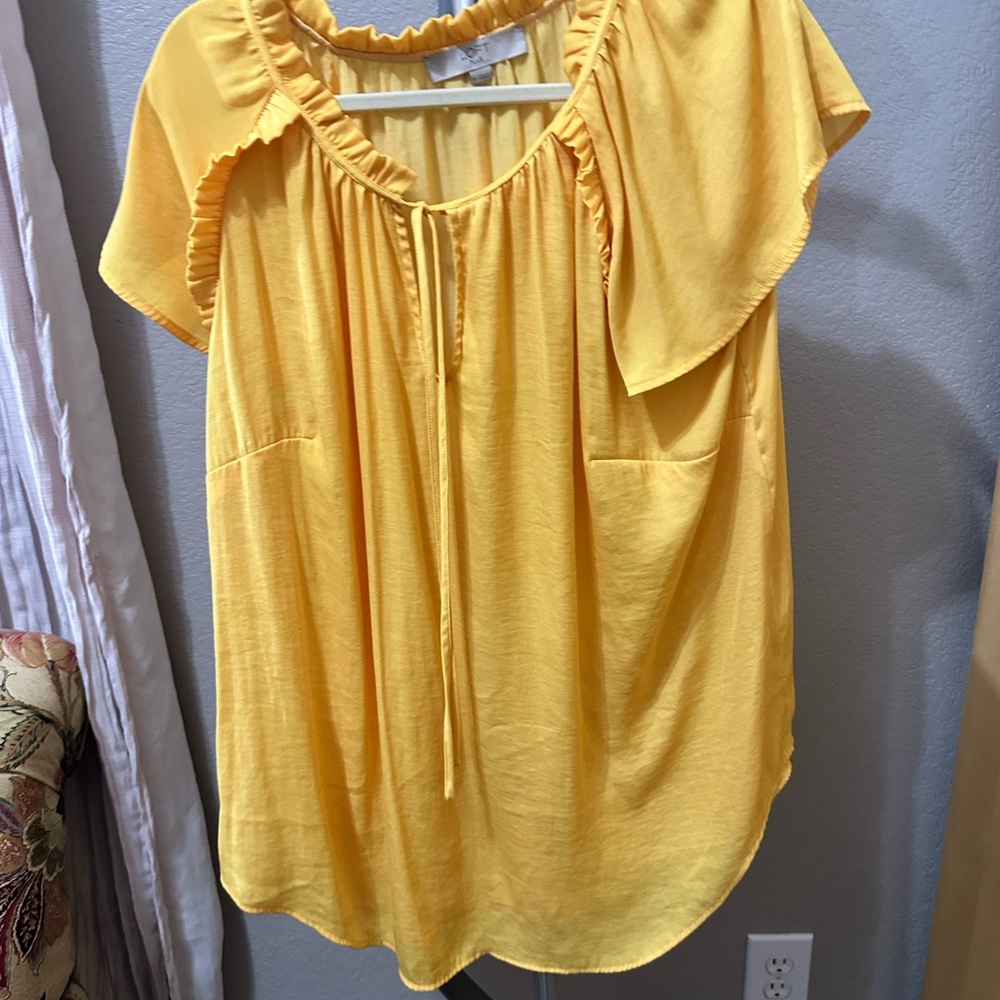 LOFT Yellow Flutter Sleeve Blouse with Ruffled Tie Front